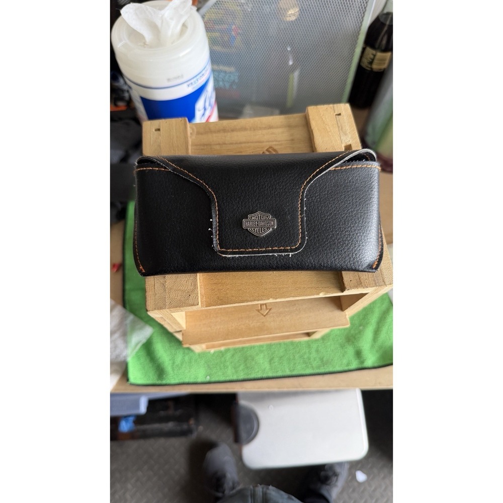 Harley-Davidson Leather‎ Eyeglasses Case Black Orange Stitch Snap Pouch
